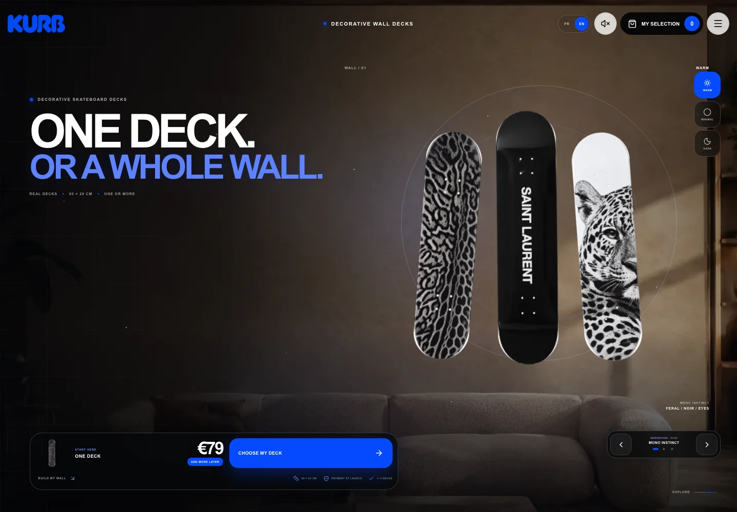 Capture réelle du site KURB : une pièce et trois decks décoratifs